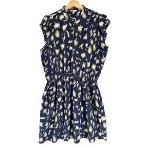 Juicy Couture Blouson Dress Flowy Cap Sleeve Navy Blue Abstract Print Size XXL